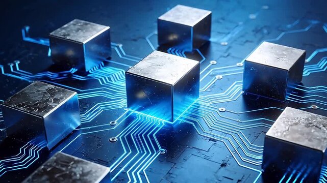 Metal cubes on glowing circuit board