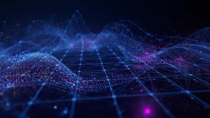 Abstract digital data wave grid with glowing blue and purple particle network creating dynamic - Powered by Adobe