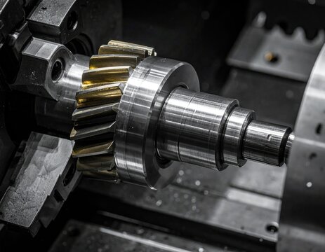 Close-up of a machine part, a gear being worked on with metal shavings