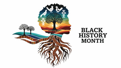 A tree with roots and birds in a colorful silhouette