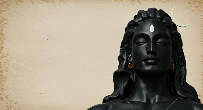 Black Stone Lord Shiva Statue Meditating Yoga Hindu God Symbolism Crescent Moon Art