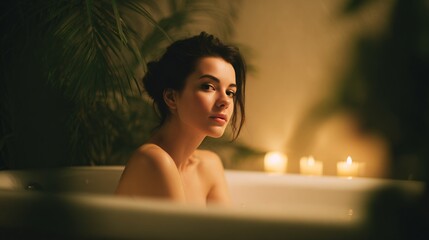 Relaxing woman in bathtub surrounded by candles spa environment intimate viewpoint self-care concept