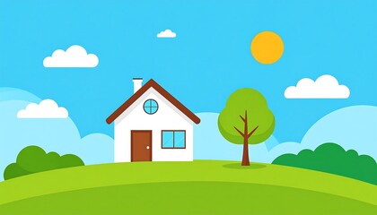 Fototapeta premium A serene cartoon landscape with a house on a green hill