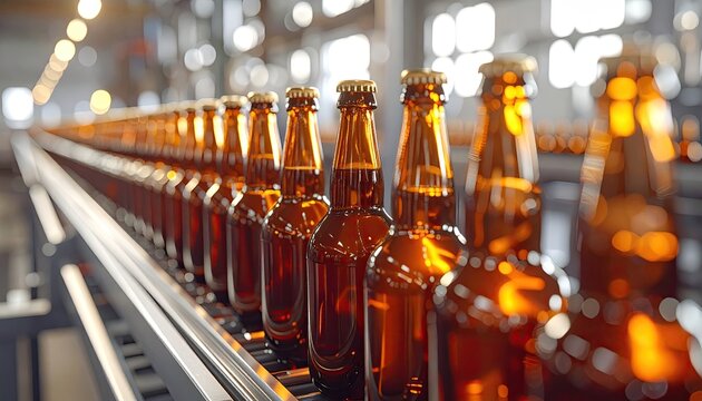 Amber bottles move down a conveyor belt in a beverage production facility, focused on a row
