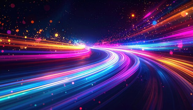 Digital rendering of flowing multicolored light trails, conveying speed and movement