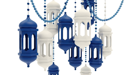Blue and white Ramadan lanterns with bead garlands