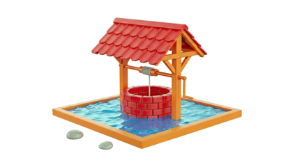 Cartoon wishing well with red roof and blue water