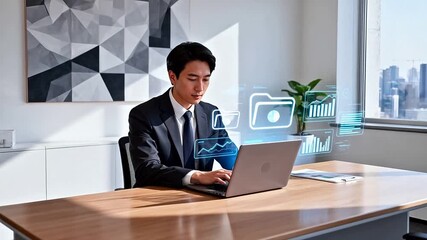 Businessman working on laptop with data visuals - Powered by Adobe