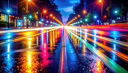Obraz premium Long exposure shot of a city street at night, capturing colorful streaks of light