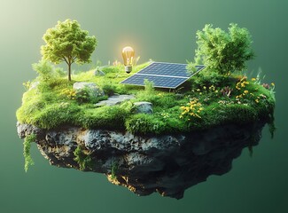 Floating island with solar panel and glowing light bulb in lush greenery image photo
