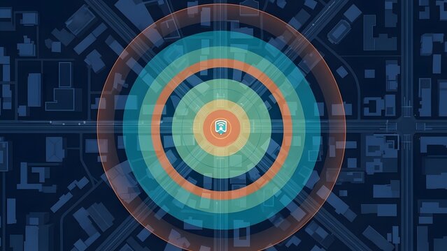 Digital Data Visualization with Circular Target in Futuristic City - Powered by Adobe