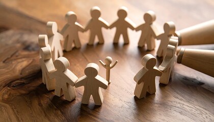 Wooden figures form a circle, embracing a raised figure, on a wooden surface