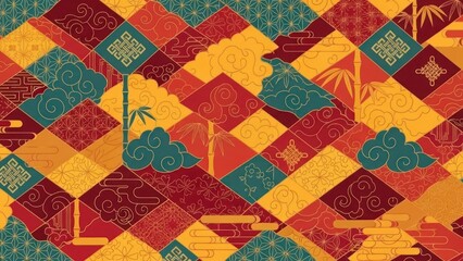 Fototapeta premium A colorful, abstract patchwork quilt with traditional Asian motifs and patterns, featuring bamboo, clouds, and other elements.