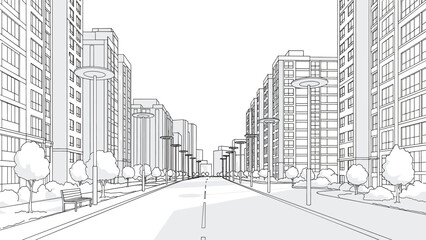 Perspective line art illustration of a modern city street with high rise apartment buildings and trees isolated on white background for urban architecture and developmen © Jharna