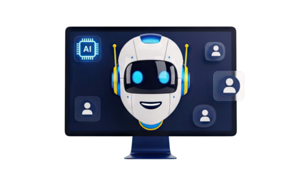 AI Robot Head on Computer Screen with User Icons