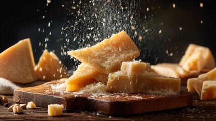 Freshly Grated Cheese on Wooden Board with Soft Focus Background, Capturing Texture and Flavor, Ideal for Culinary and Foodie Themes
