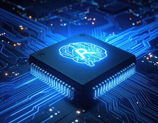 Glowing digital brain icon on a computer processor set against intricate circuit board