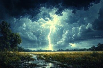 Lightning strike over a rural field and path during a thunderstorm weather