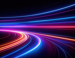 Abstract image with neon light trails creating a sense of speed and movement on black background