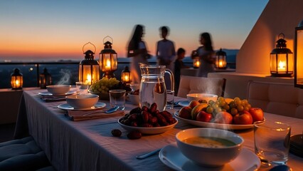 Romantic rooftop dinner at sunset with family and friends, lanterns and fresh fruit