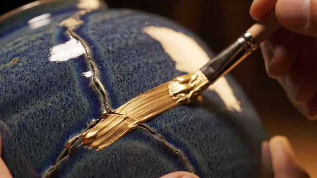 Close Up Of A Hand Carefully Applying Gold Paint To Cracked Blue Ceramic Vase Emphasizing Kintsugi Art Form And Restoration Process With Soft Ambient Lighting
