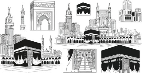 Sacred Kaaba and Mecca cityscape in detailed black and white illustrations