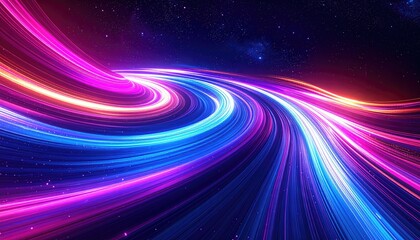 Swirling tunnel of vibrant light trails against a cosmic background, suggestive of speed and motion