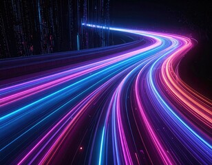 Obraz premium Digital rendering of vibrant light trails curving through a dark space with a futuristic feel