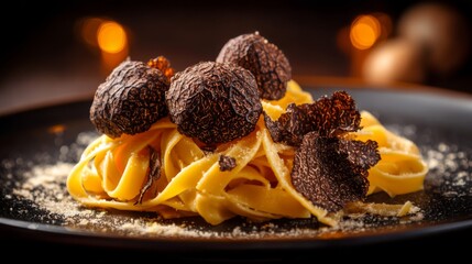 Elegant plate of fresh fettuccine pasta topped with truffles and fine cheese for gourmet dining experience and culinary delight