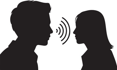 Two silhouettes facing each other with sound waves between them