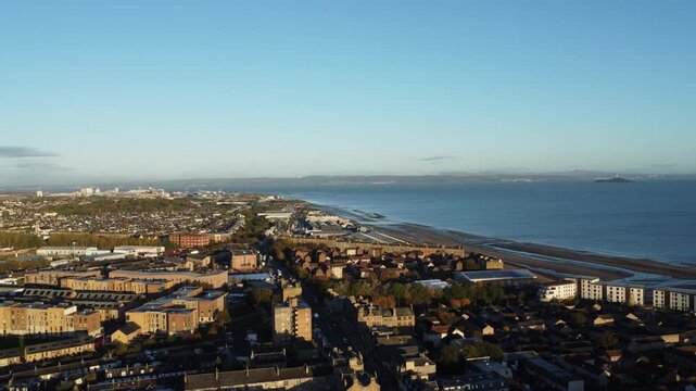 Early morning static drone shot in Portobello Scotland looking over the town