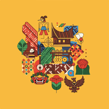 A vibrant collage of cultural symbols and patterns on orange