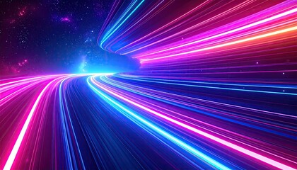 Obraz premium Abstract display of glowing neon light streaks curving towards a starry sky