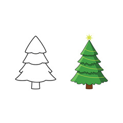 Two Christmas trees, one black outline for coloring and one fully decorated with a star and lights.