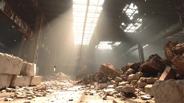 Abandoned industrial warehouse interior with debris and rubble scattered around the dusty floor, illuminated by natural light streaming through grimy skylights from above