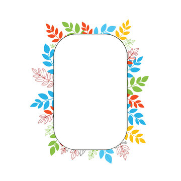 Decorative vertical rectangular frame with rounded corners, beautifully adorned with colorful abstract leaves and foliage.
