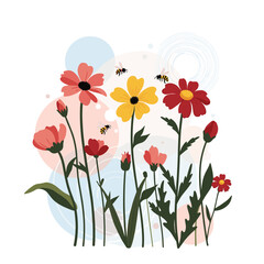 Obraz premium Abstract garden illustration featuring various colorful flowers in bloom with busy bees flying around, symbolizing summer.