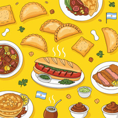 A vibrant digital illustration featuring a variety of traditional Argentine foods © Franky