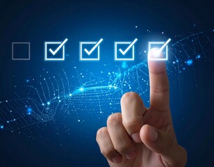 A hand interacts with a digital checklist interface on a blue, technology-themed background with connected glowing dots