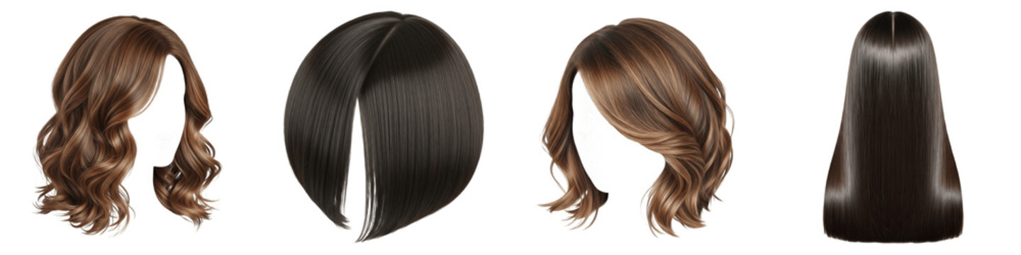 Realistic Women's Hairstyles Set - Collection of Brown and Black Hair Wigs with Wavy and Straight Styles - Isolated on White Background
