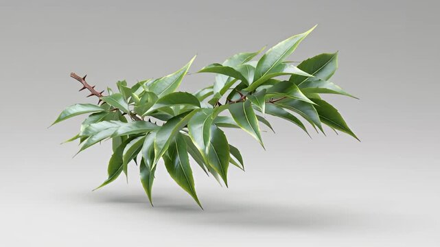 A serene branch with lush green leaves and a budding flower, isolated on a plain gray background viewed from a slight angle