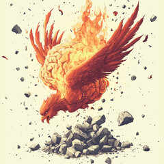 Stylized brain with phoenix emerging from it above crumbling rocks on cream colored background , vector style simple color