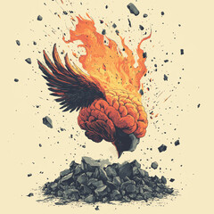Stylized brain with phoenix emerging from it above crumbling rocks on cream colored background , vector style simple color