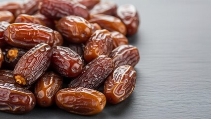 Obraz premium A pile of dried, wrinkled dates with a glossy, reddish-brown skin, scattered on a textured gray surface.