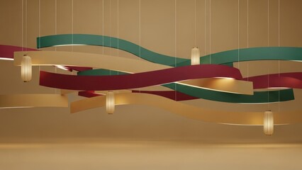 A modern, abstract art installation with colorful, wavy shapes suspended from the ceiling.