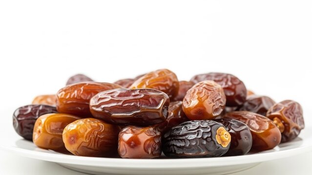 A pile of assorted dates, ranging in color from deep brown to amber, with wrinkled skin, served on a white plate.