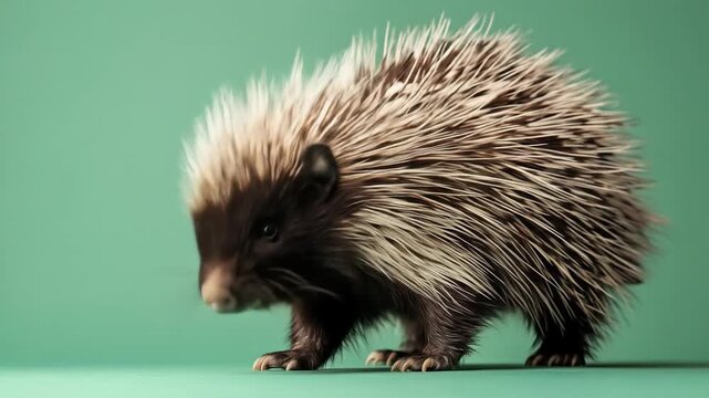 Close up of a spiky hedgehog on green background