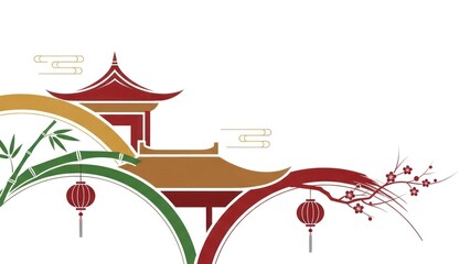 Chinese traditional architecture with a pagoda and bamboo leaves in a stylized, artistic design.