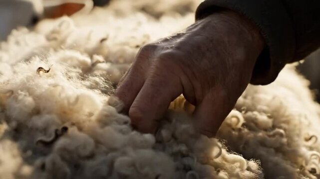 Farmer's Hand Touching Raw Sheep Wool Fleece - Quality Textile Production and Agriculture