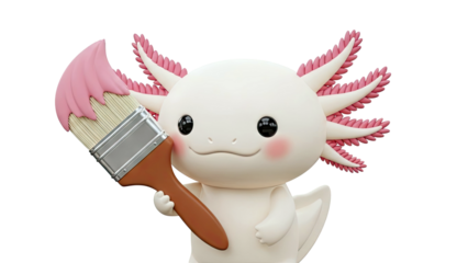 Cute Axolotl Holding a Paint Brush with Pink Paint
